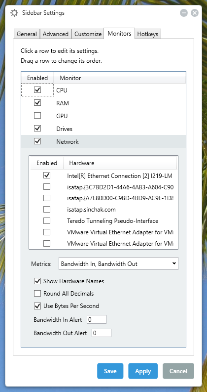 Sidebar Diagnostics Settings